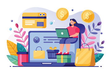 A woman sitting on a laptop with piles of money scattered around her, credit card payment get cashback online shop, Simple and minimalist flat Vector Illustration