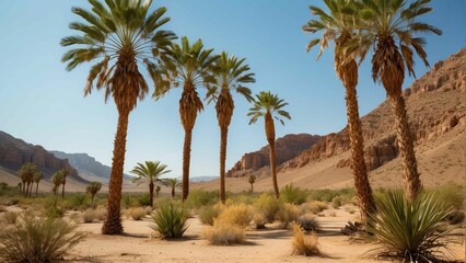 Desert Oasis Retreat with Palm Trees and Mountains