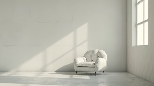 A white chair sits in a room with a large window. The room is empty and has a minimalist feel