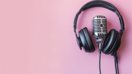 A microphone and headphones on a pink background, AI