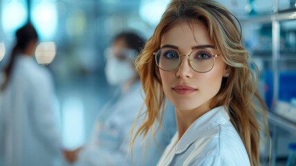 A woman in lab coat with glasses and a smile, AI