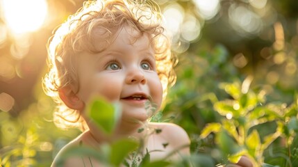 Fototapeta premium Toddler's outdoor adventure: A happy Caucasian toddler explores the outdoors, their fair skin kissed by the sun as they embrace the wonders of nature.