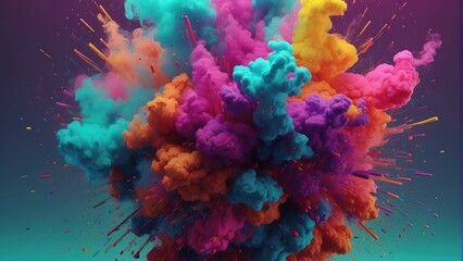 Dynamic burst of colorful powder clouds in an abstract pattern