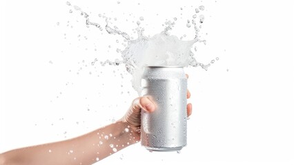 A human hand holding open white can with splashing out soda drink on white background. AI generated