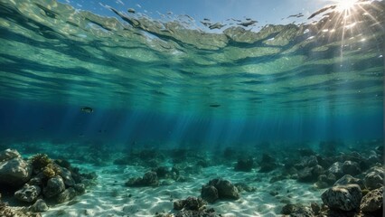 Fototapeta premium Underwater seascape with sun rays and marine life