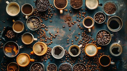 the concept of International Coffee Day, top view. background for designer for international coffee day.  Festive and inviting banner mockup for International Coffee Day with copy space for text - obrazy, fototapety, plakaty