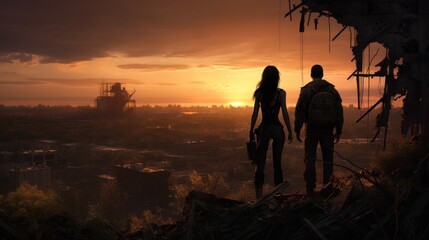 A man and a woman stand on the ruins of a city at sunset. The sky is orange. The city in the background is dark. - obrazy, fototapety, plakaty