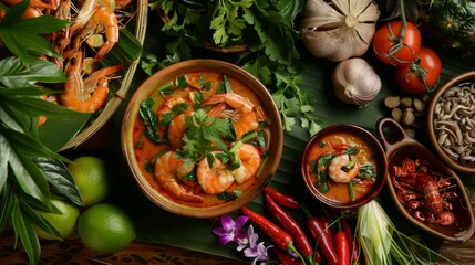 Tom Yum feast: A colorful spread of Tom Yum soup, served with fragrant herbs and succulent shrimp, tantalizes the taste buds. - obrazy, fototapety, plakaty