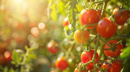 Tomato garden in bloom: Vibrant red tomatoes hang from green vines in a sunlit garden, a beautiful sight promising a fruitful harvest.