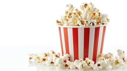 Closeup striped bucket with many tasty popcorn snack on white background. AI generated image