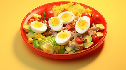 Salad with chicken eggs and vegetables in a bowl on a yellow background