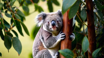 Endearing koala resting amidst eucalyptus foliage. Vivid close-up of a fluffy Australian marsupial. Concept of wildlife conservation, natural habitats, and adorable animal.