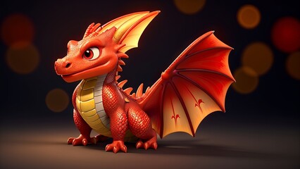 Friendly red dragon with wings. Cheerful cartoon fiery dragon with a whimsical design. Concept of fantasy creatures, mythical beings, and playful character art. Dark bokeh background