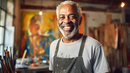 Senior smiling African American man painter next to his artwork in art studio. Concept of artistic talent, senior creativity, art therapy, interesting hobby, exciting leisure time, oil painting
