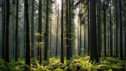 Naklejka premium Serene misty forest with sunlight filtering through trees