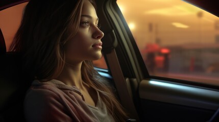 Fototapeta premium A woman with long hair sits on a car seat and looks out the window. The sun is setting and the street lights are on.