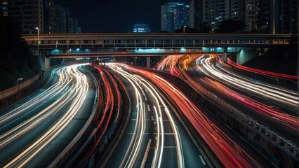 Obraz premium Long exposure of busy city highway at night with light trails