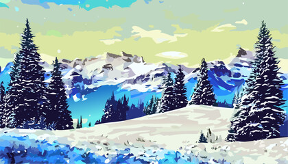 Winter landscape with mountains and spruce