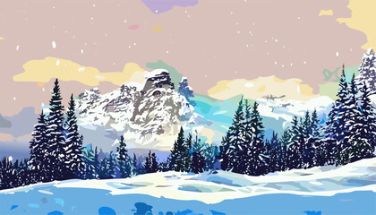 Winter landscape with mountains and spruce