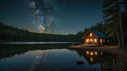 Fototapeta premium Starry night over a secluded lake cabin