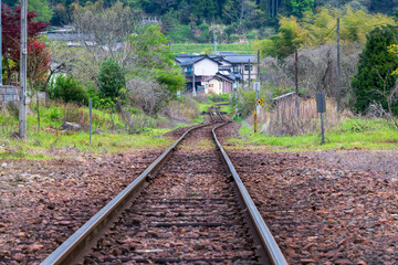 日本の岡山県新見市の岩山駅の美しい春の風景