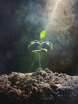 Young plant sprouting with sunlight and soil - An inspirational image of a young plant sprouting from the soil, illuminated by ethereal sunlight beams