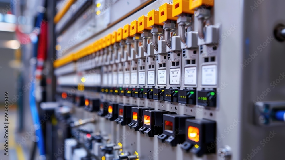 Poster Industrial control switches and buttons - Close-up of a machinery control panel with various switches and indicators in an industrial setting, detailing complexity and modern technology