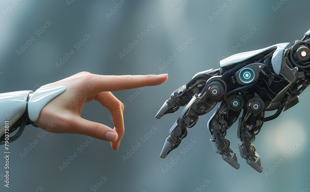 Poster robot hand making contact with human hand on dark background 3d rendering.