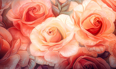 Peach fuzz color roses background in realistic style, modern wallpaper design. Generative ai
