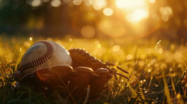 Baseball on grass with golden hour light - Close-up of a well-used baseball and glove on field grass, basked in the golden light of sunset