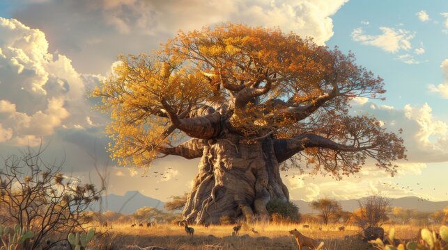 Tower of life: A colossal baobab tree looms large against the African savannah, its massive trunk a sanctuary for myriad forms of wildlife.