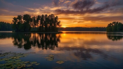 Fototapeta premium Sunset reflection on a calm forest lake