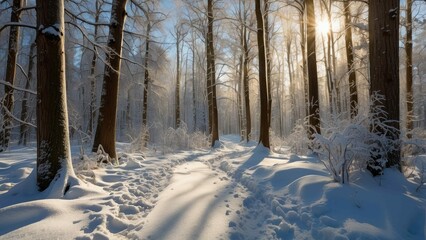 Snowy winter forest trail at sunrise