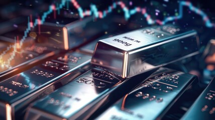 Silver bullion bars on financial market chart - Shiny silver bars with market data in the background symbolizing wealth and investment in precious metals