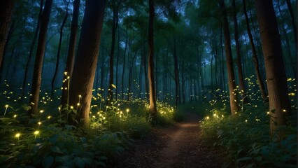 Obraz premium Enchanting Forest Path Illuminated by Fireflies