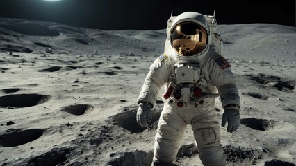 Astronaut in a space suit walking on the moons surface