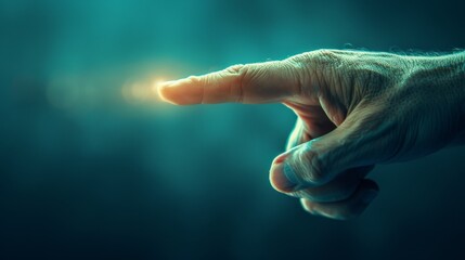 A hand pointing at something with a glowing light coming from it, AI - obrazy, fototapety, plakaty