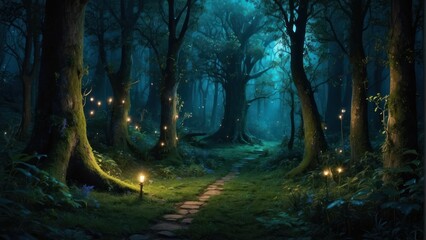 Fototapeta premium Enchanted forest path with glowing lights at twilight