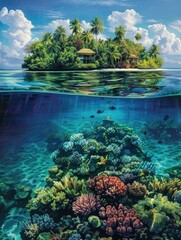 Tropical island paradise above and underwater view - Stunning illustration of a secluded tropical island with a vibrant underwater scene teeming with marine life