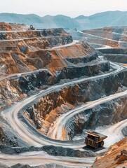 Giant mining truck amidst quarry walls - The image shows a huge mining truck in the middle of a deep quarry with winding roads, signifying human engineering and geological exploration