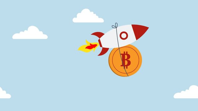 Bitcoin price skyrocket hit record high, Animation of fast rocket ship that bitcoin physical coin flies high through the clouds of space.