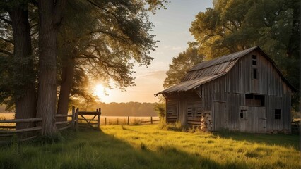 Obraz premium Rustic barn in golden hour countryside
