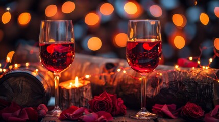 Two glasses of wine with red roses and candles on a table, AI
