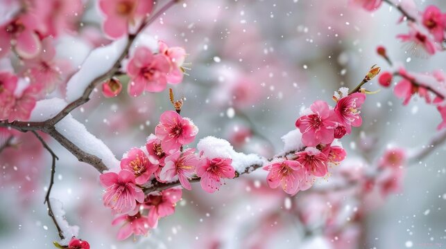 Close up image of flowering tree branches covered in snow