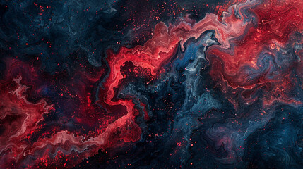 Veins of fiery red dancing with cool indigo on a marbled tapestry./  - obrazy, fototapety, plakaty