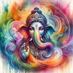A vibrant watercolor portrait of Ganesha, the Hindu elephant god, with intricate details and flowing colors. Spiritual artwork ideal for meditation and yoga, representing wisdom and blessings.