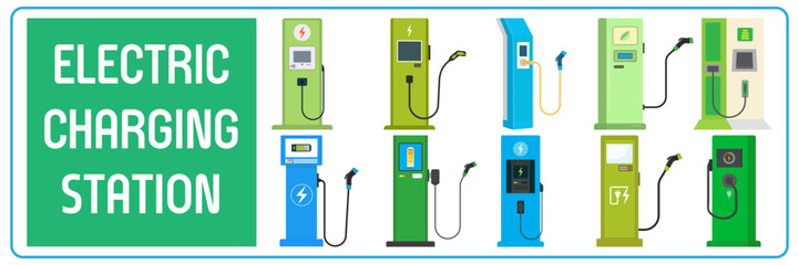 Electric vehicle charging station icons set. Electric charging station Vector illustration. Green energy