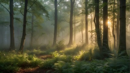 Fototapeta premium Misty sunrise light shining through forest trees