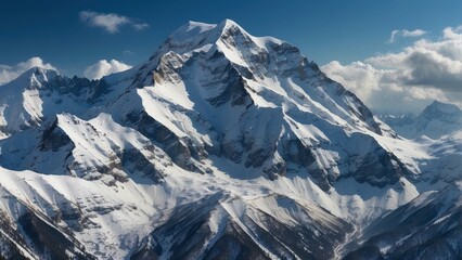 Majestic snow covered mountain peak close up
