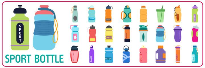 Sports bottle hydro flask water set. Sport water bottle vector illustration colorful - obrazy, fototapety, plakaty